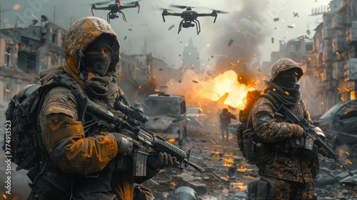 Armed soldiers on the battlefield. Everything explodes and drones fly around. Military actions photo