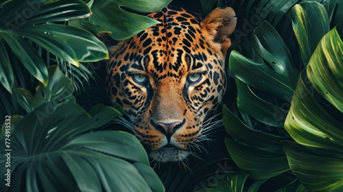 A leopard hiding in the leaves of a jungle plant, AI