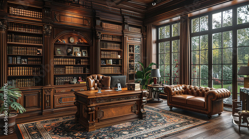 Vintage-inspired study with leather-bound books and a classic writing desk8K