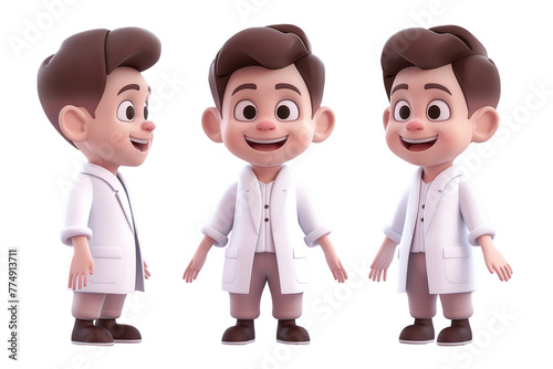 Set of 3D male smiling cartoon male doctor wearing the uniform. Different and various poses. Isolated and transparent image. png file.