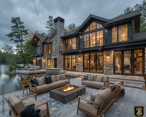 Fototapeta Naklejka Na Ścianę i Meble -  Serene lake house with panoramic views and open living spacesup32K HD