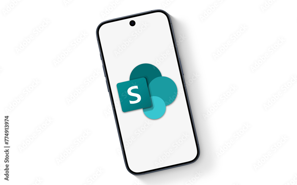 Microsoft Sharepoint logo is displayed on a smartphone, white ...