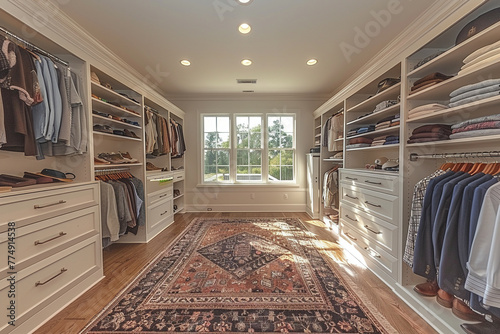 Spacious walk-in closet with custom shelving and an island dresser8K photo