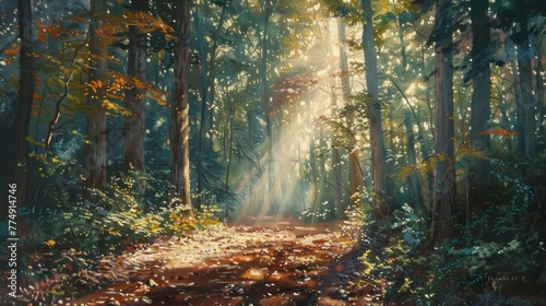 A captivating study of light and shadow, where sunlight filters through foliage and dappled patterns dance on the forest floor, painted with oil colors. © 2D_Jungle