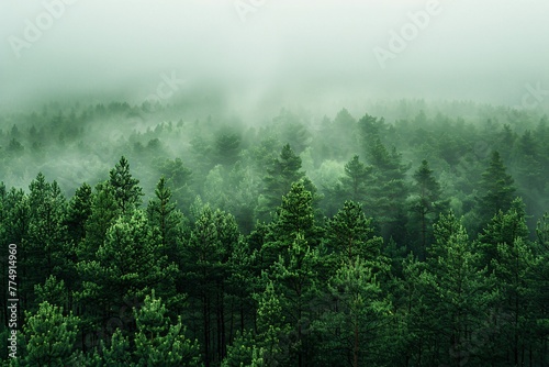 a forest of trees with fog
