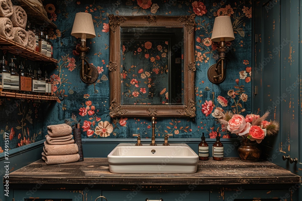 Elegant powder room with floral wallpaper and antique mirror8K