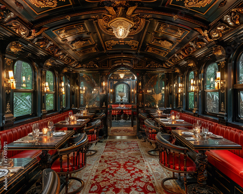 Vintage train car dining experience with period details and intimate seatingsuper detailed