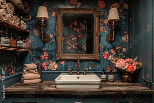 Elegant powder room with floral wallpaper and antique mirror8K © Interior Stock Photo