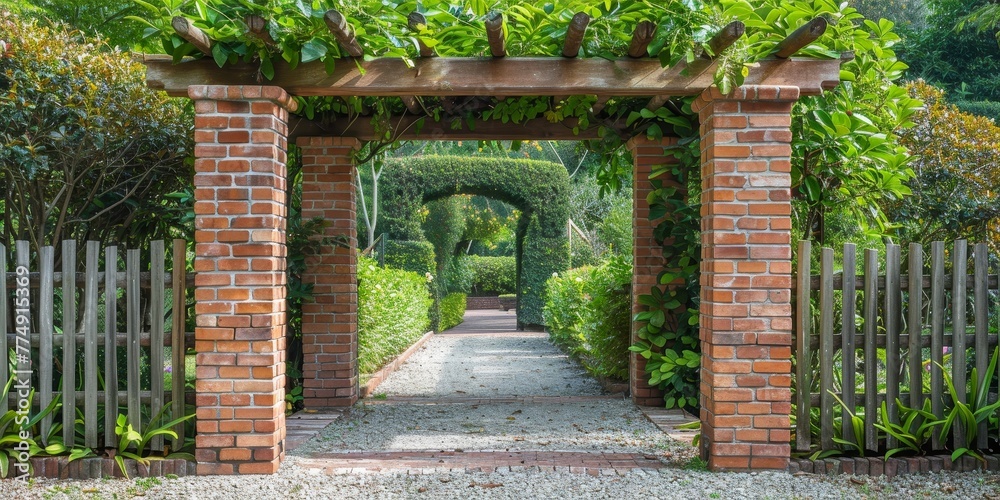 combination of brick columns with wooden slats fence combination of brick columns with wooden slats fence