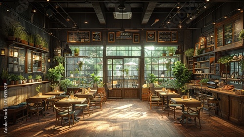 Farm-to-table restaurant interior with rustic decor and open kitchensuper detailed