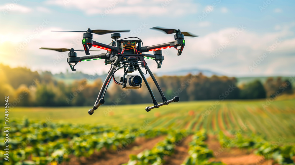 Drone equipped with sensors flying low over agricultural fields, collecting data for crop health analysis Drone equipped with sensors flying low over agricultural fields, collecting data for crop health analysis