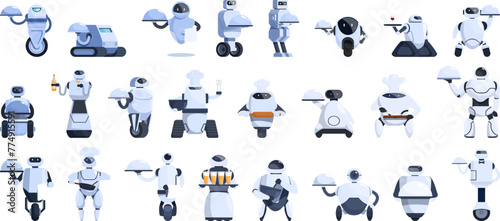 Robot restaurant icons set cartoon vector. Food industry. Order hand service