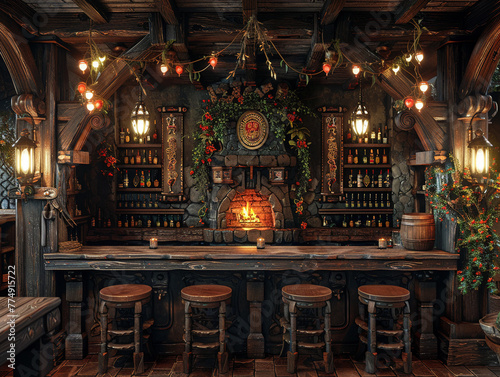 Old English pub with dark wood cozy fireplaces