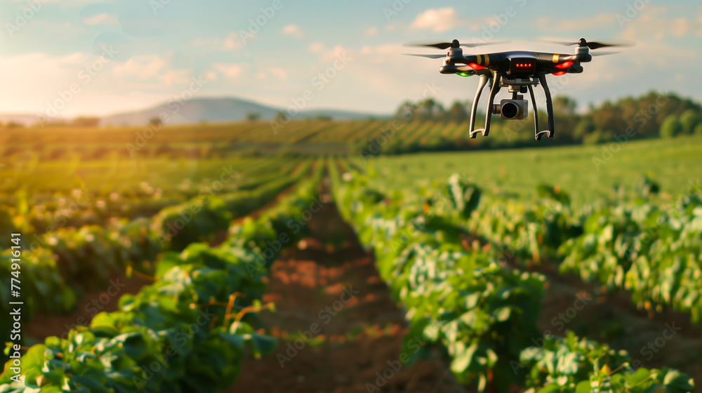 Drone hovering over lush green farmland, capturing images of crops for precision agriculture