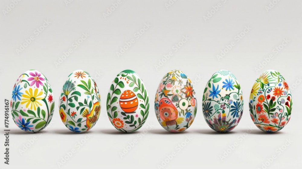 Collection of colourful hand painted decorated easter eggs on white background cutout file. Pattern and floral set. Many different design. Mockup template for artwork design