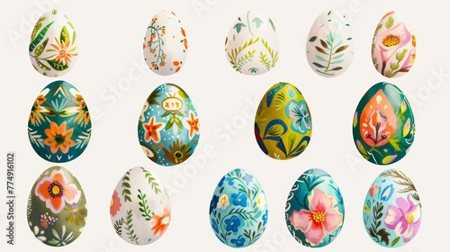 Collection of colourful hand painted decorated easter eggs on white background cutout file. Pattern and floral set. Many different design. Mockup template for artwork design