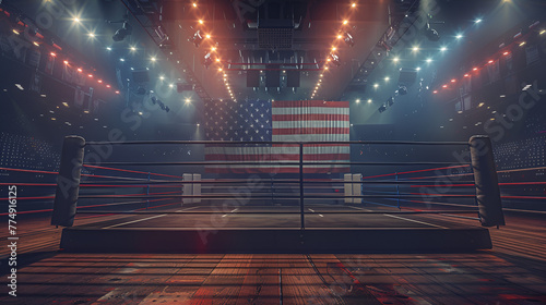 an empty boxing ring in a large arena filled with lights. There is a very large United States flag in the background, sports day, Generative Ai photo