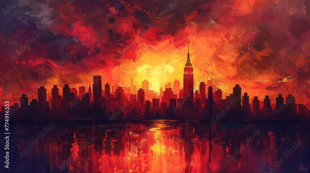 A dramatic skyline silhouetted against the fiery hues of a sunset, painted with bold strokes of oil colors.