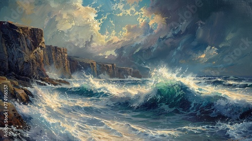 A dynamic seascape capturing the power and beauty of crashing waves against rugged cliffs, skillfully rendered with oil paints.