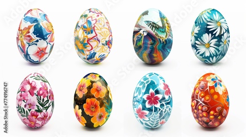 Collection of colourful hand painted decorated easter eggs on white background cutout file. Pattern and floral set. Many different design. Mockup template for artwork design