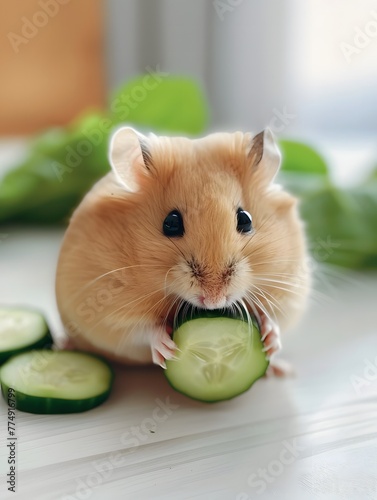 Adorable Hamster eating Fresh Cucumber