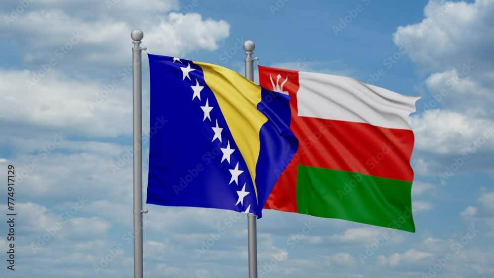 Oman and Bosnia and Herzegovina two flags waving together, looped video, two country cooperation concept Oman and Bosnia and Herzegovina two flags waving together, looped video, two country cooperation concept