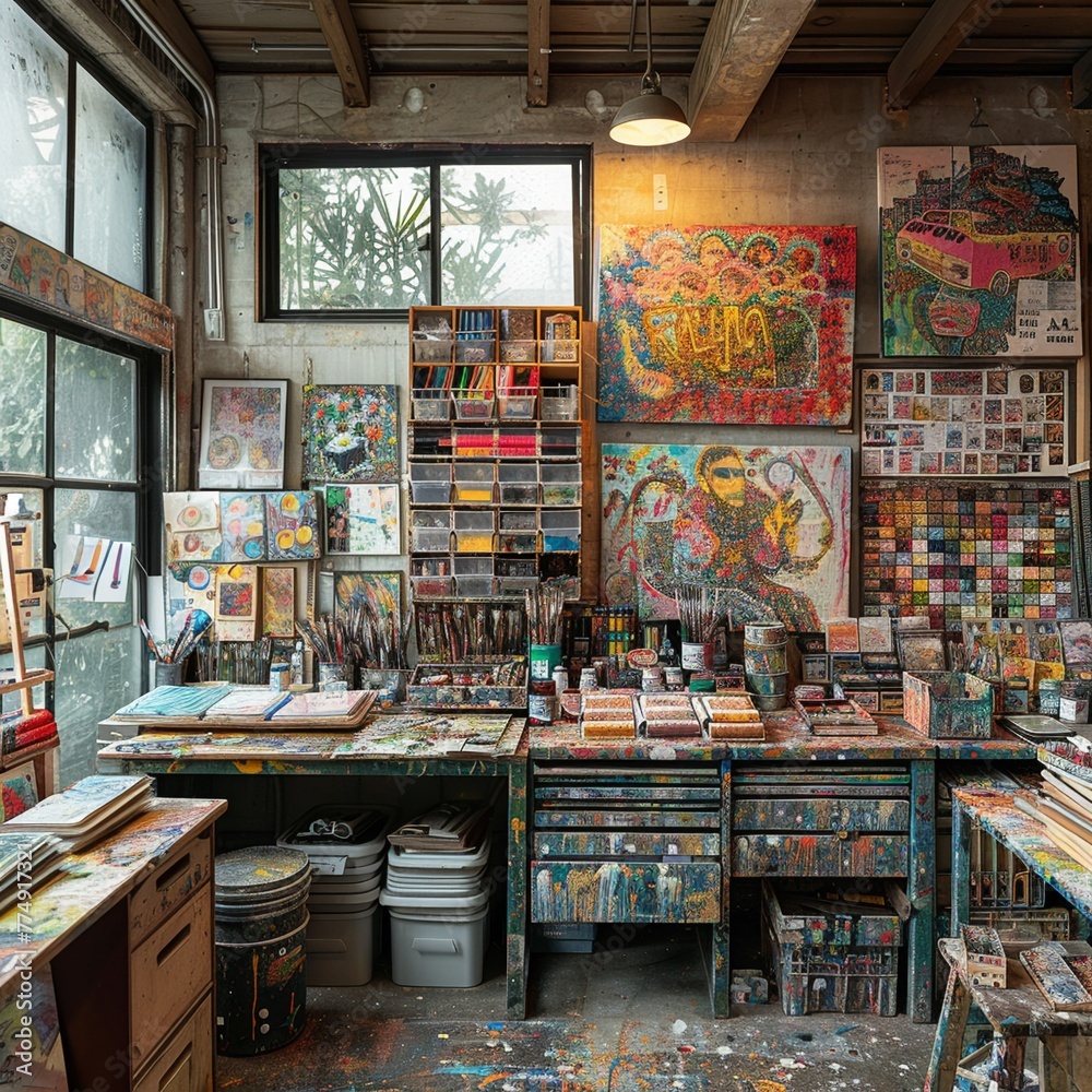 Eclectic artists studio with vibrant artwork and a variety of materialsup32K HD