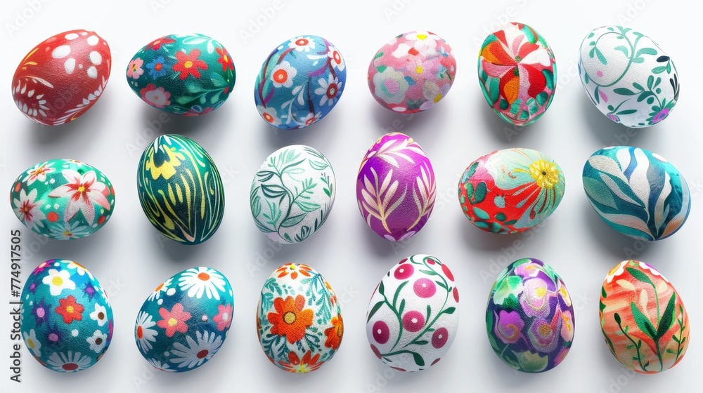 Collection of colourful hand painted decorated easter eggs on white background cutout file. Pattern and floral set. Many different design. Mockup template for artwork design Collection of colourful hand painted decorated easter eggs on white background cutout file. Pattern and floral set. Many different design. Mockup template for artwork design