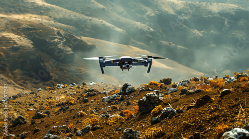 Drone flying over rugged terrain during a search and rescue operation, aiding in locating lost hikers photo