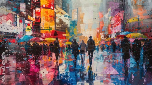 A dynamic urban landscape bustling with activity, where the rhythm of city life is captured in vibrant hues and bold strokes of oil paints.