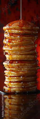 humongous stack of pancakes stretching across the full length of the image 10 feet high, dripping with gooey maple syrup photo