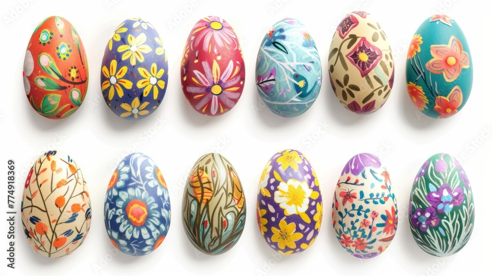 Collection of colourful hand painted decorated easter eggs on white background cutout file. Pattern and floral set. Many different design. Mockup template for artwork design