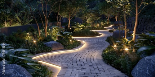 illuminating the winding garden pathways that traverse the area.