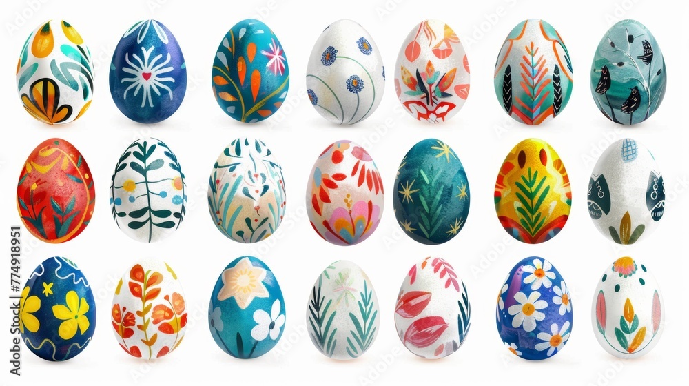 Collection of colourful hand painted decorated easter eggs on white background cutout file. Pattern and floral set. Many different design. Mockup template for artwork design Collection of colourful hand painted decorated easter eggs on white background cutout file. Pattern and floral set. Many different design. Mockup template for artwork design