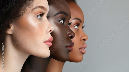 Diverse Female Faces in Profile View, Beauty and Fashion Conceptual Image with Diversity Theme. Gradient Skin Tones from Light to Dark. AI