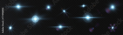 Set of blue glow light effects. On a transparent dark background. Vector