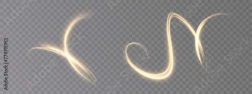 Abstract golden light effect of curved lines. Golden wavy path of light on a transparent background. FOR design and design of marketplaces. Vector