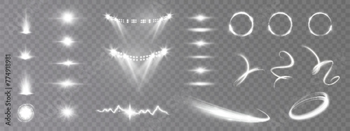 Set of light effects. Glowing isolated set of bright transparent light effects, glare, explosion, glitter, portal, line, sun flare, spark and stars, curve. Sunlight, abstract special effect. Vector