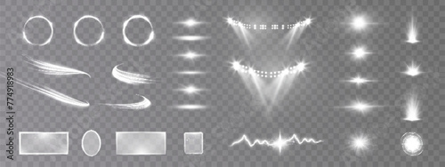 Set of lighting effects. Glowing isolated set of bright transparent light effects, glare, stars, sparkle, portal, line, spotlight glow, solar flare, spark and stars, curved glowing line. Sunlight, abs