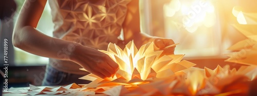 A close-up of a skilled paper artist creating intricate origami sculptures in a sunlit room realistic stock photography photo