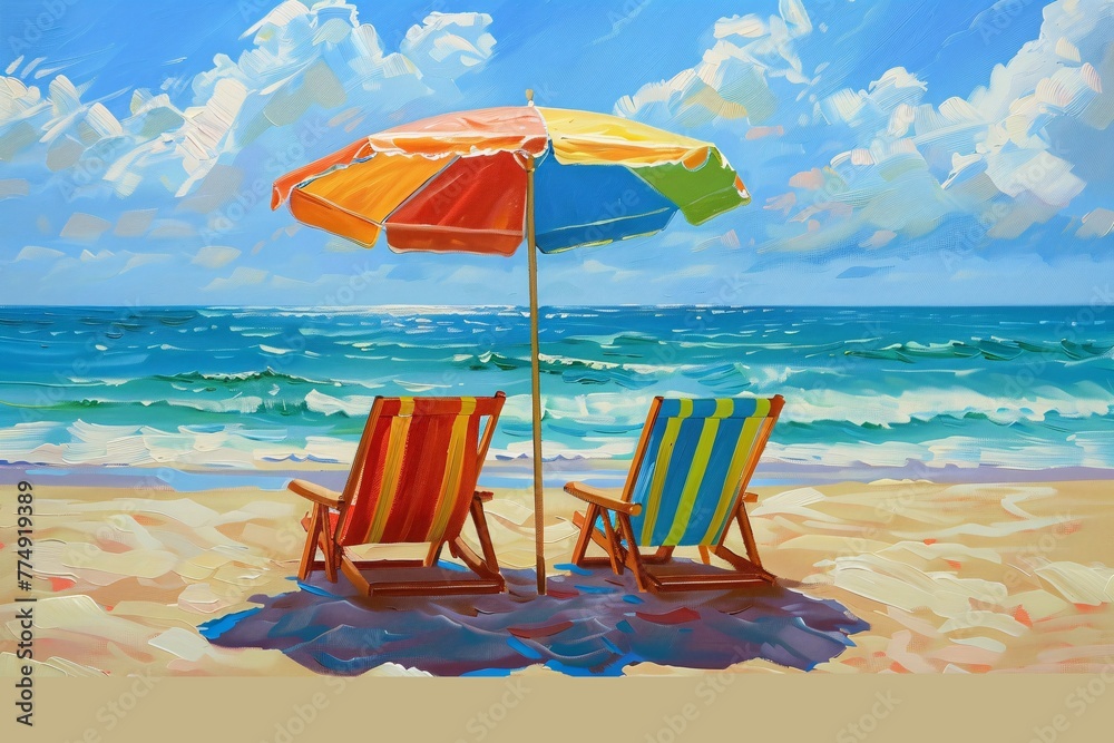 two chairs and an umbrella on a beach