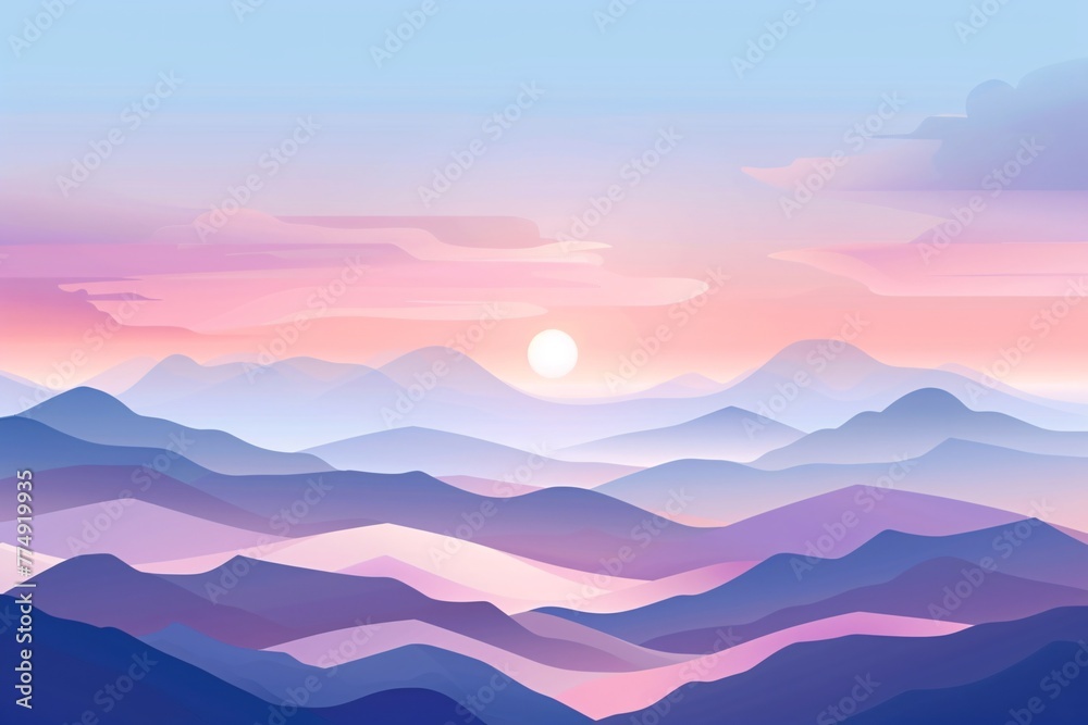 a landscape of mountains with the sun in the distance