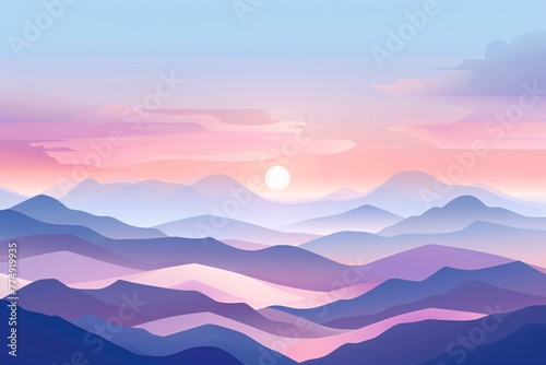 a landscape of mountains with the sun in the distance
