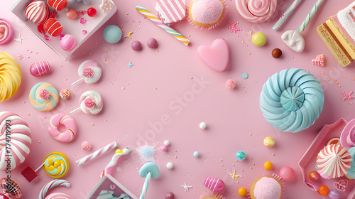 children's card for girls, with sweets and copyspace, pink background