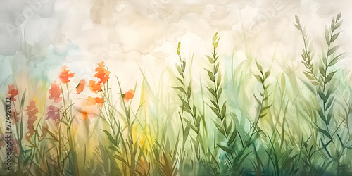 Blooming wild grass and herbs, watercolor drawing. Border of meadow flowers, wildflowers and plants.