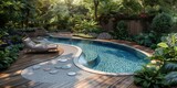 modern backyard with a fusion of organic shapes, featuring an oval swimming pool