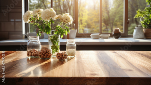 Empty wooden kitchen table surface mockup, greenery and accessories background, AI Generated content