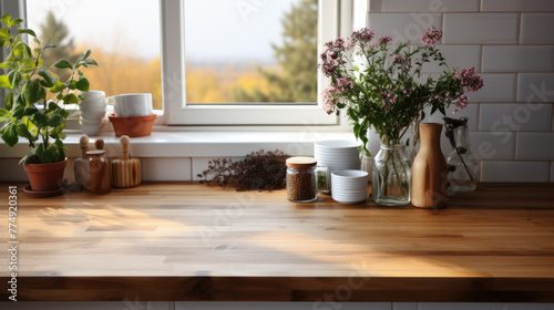 Empty wooden kitchen table surface mockup, greenery and accessories background, AI Generated content