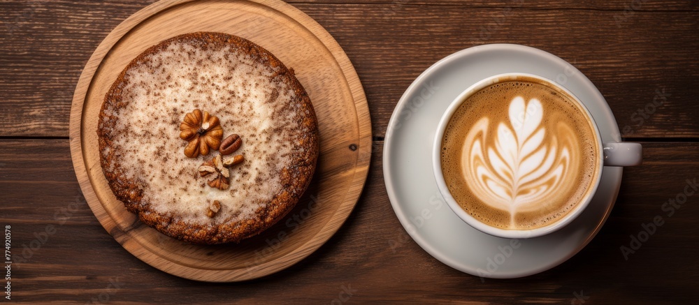 Fototapeta premium Coffee in a cup and a delicious cake placed on a wooden table