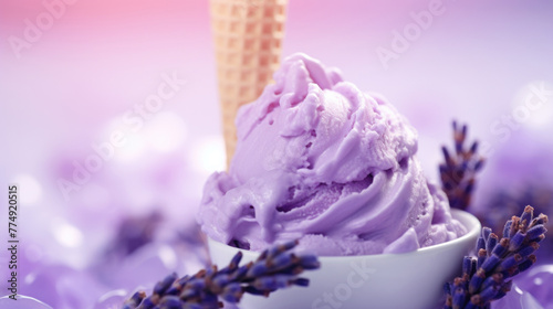 Purple lavender flavor ice cream with floral ingredients, dessert background